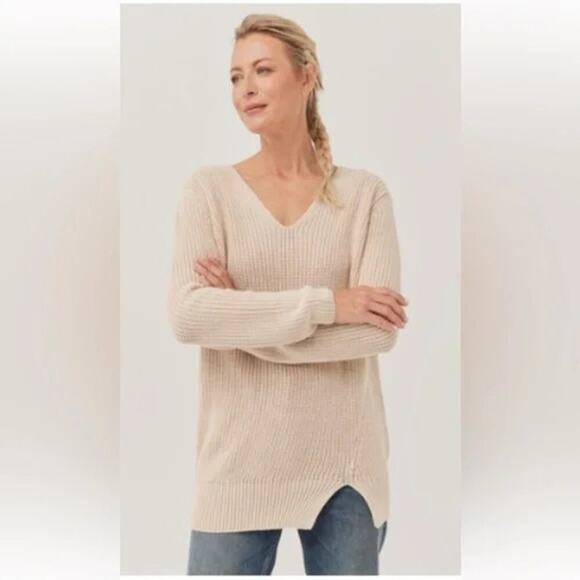 NWT Pact Sandshell Double V-Neck Tunic Sweater Cream Knit Size Medium - Picture 1 of 5